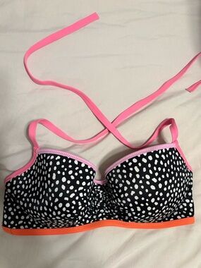 Victoria’s Secret Swim Bikini Top 32DD Black White Polka Dot Pink Trim Padded